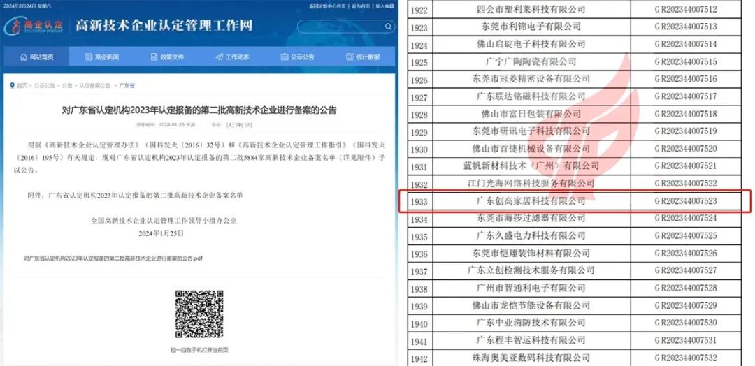 广东创高家居科技有限公司通过“高新技术企业”认定